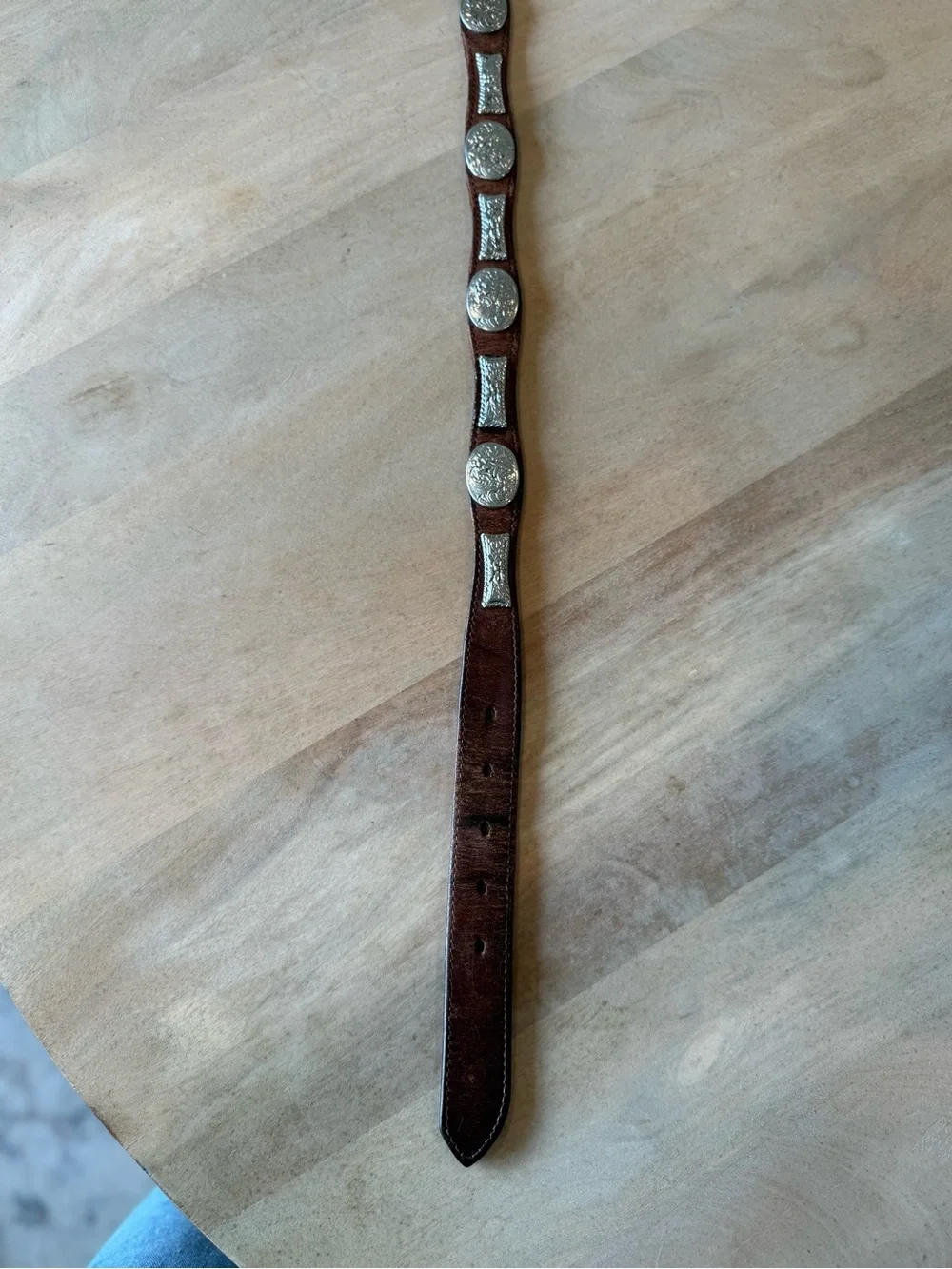Vintage Western Unisex Tooled Brown Leather Belt with Silver Concho Accents